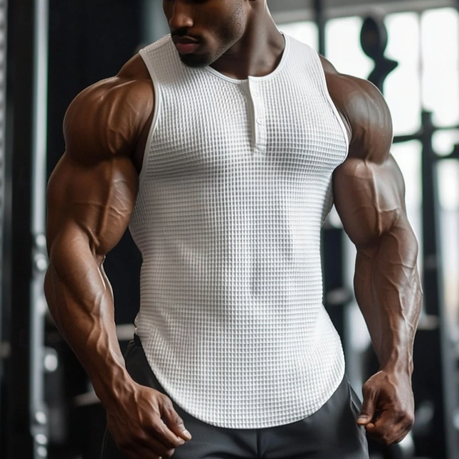 Men's Premium Cotton Henley Waffle Tank Top | Slim Fit | Casual Summer Sleeveless Shirt | Comfortable Breathable Fabric | Versatile Layering Apparel | Buttoned Neckline | Sizes Available