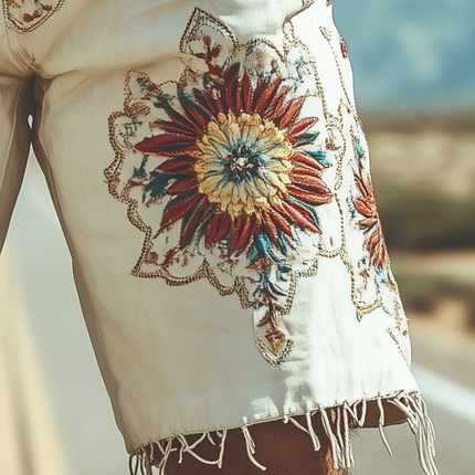 Men's Retro Suede Embroidered Shorts | Spring & Summer Fashion | Lightweight Breathable Fabric | Relaxed Fit | Unique Vintage Style | Stylish Comfort | Functional Pockets