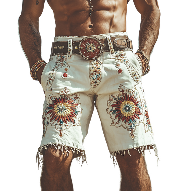 Men's Retro Suede Embroidered Shorts | Spring & Summer Fashion | Lightweight Breathable Fabric | Relaxed Fit | Unique Vintage Style | Stylish Comfort | Functional Pockets