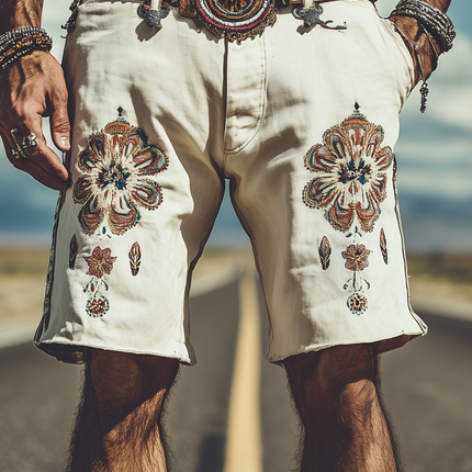 Men's Retro Embroidered Shorts | Twill Cotton | Comfortable Fit | Summer Fashion | Versatile Casual Wear | Stylish Embroidery | Durable Fabric | Warm-Weather Adventures | Without Belt