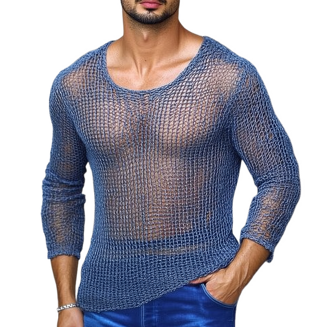 Men's Breathable Hollow Knitted Round Neck Slim Fit Sweater | Casual Lightweight Textured Pullover | Versatile Stylish Layering Top for All-Seasons