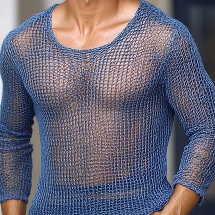 Men's Breathable Hollow Knitted Round Neck Slim Fit Sweater | Casual Lightweight Textured Pullover | Versatile Stylish Layering Top for All-Seasons