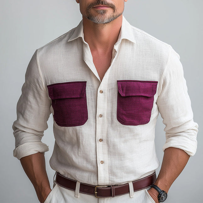 Men's Stylish Long Sleeve Shirt | Summer Contrast Patchwork Design | Breathable Lightweight Fabric | Tailored Fit | Versatile Fashion Top
