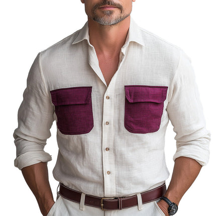 Men's Stylish Long Sleeve Shirt | Summer Contrast Patchwork Design | Breathable Lightweight Fabric | Tailored Fit | Versatile Fashion Top