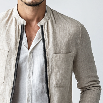 Men's Linen Summer Jacket | Vintage Zipper Stand Collar | Short Sleeve | Lightweight Breathable Outerwear | Casual Semi-Formal | S to 3XL | Timeless Style | Ideal for Warm Weather