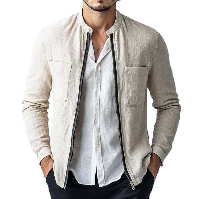 Men's Linen Summer Jacket | Vintage Zipper Stand Collar | Short Sleeve | Lightweight Breathable Outerwear | Casual Semi-Formal | S to 3XL | Timeless Style | Ideal for Warm Weather