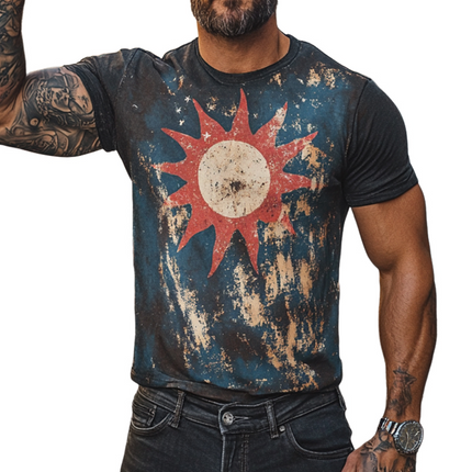 Men's Retro Sun Graphic T-Shirt | Short Sleeve | Round Neck | Breathable Polyester | Casual Wear | Sizes S-3XL | Nostalgic Style | Summer Essential | Versatile Design | Comfortable Fit