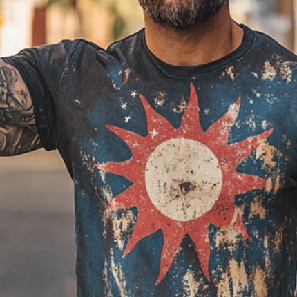 Men's Retro Sun Graphic T-Shirt | Short Sleeve | Round Neck | Breathable Polyester | Casual Wear | Sizes S-3XL | Nostalgic Style | Summer Essential | Versatile Design | Comfortable Fit