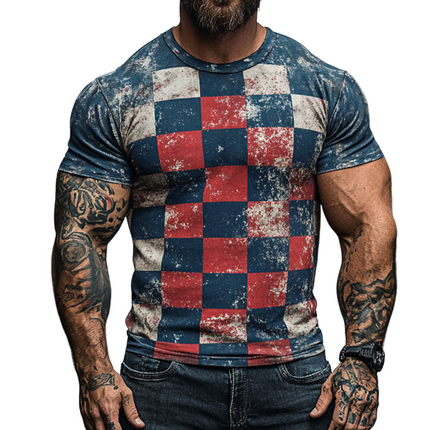Men's Retro Casual T-Shirt | Damaged Checkerboard Print | Round Neck | Short Sleeve | Vintage Style | Soft Polyester | Breathable Fabric | Comfortable Fit | Ideal for Casual Outings | Multiple Sizes
