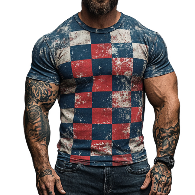 Men's Retro Casual T-Shirt | Damaged Checkerboard Print | Round Neck | Short Sleeve | Vintage Style | Soft Polyester | Breathable Fabric | Comfortable Fit | Ideal for Casual Outings | Multiple Sizes
