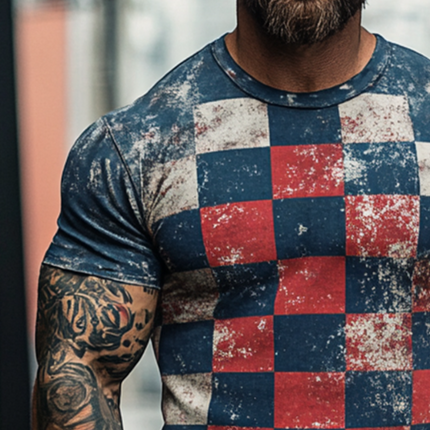 Men's Retro Casual T-Shirt | Damaged Checkerboard Print | Round Neck | Short Sleeve | Vintage Style | Soft Polyester | Breathable Fabric | Comfortable Fit | Ideal for Casual Outings | Multiple Sizes
