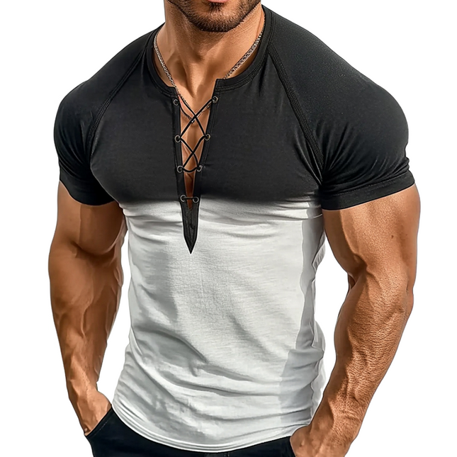 Men's Gradient Print V-Neck T-Shirt | Retro Casual Drawstring Short Sleeve Top | Cotton Blend | Stylish Comfort for Everyday Wear | Multiple Sizes Available