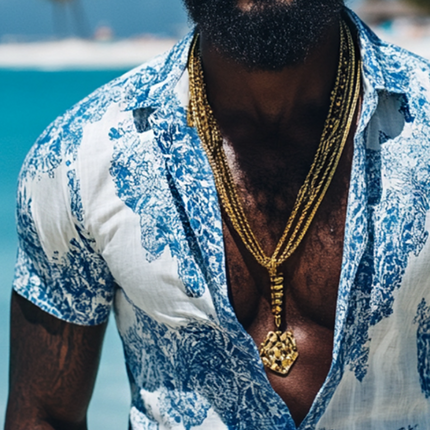 Men's Retro Linen Shirt | Blue White Print | Short Sleeve | Lapel Collar | Breathable Casual Top | Summer Essential | Comfortable Fit | Versatile Style