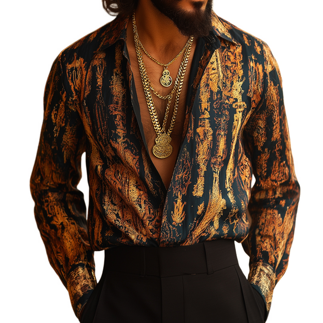 Men's Vintage Style Geometric Print Long Sleeve Lapel Shirt | Retro Palace Aesthetic | Smart Casual Top | Button Cuffs | Breathable Fabric | Versatile Fashion | Sizes S-3XL