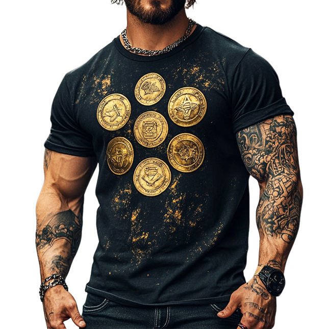 Men's Vintage Inspired T-Shirt | Ancient Coin Print | Round Neck | Short Sleeve | Soft Cotton Blend | Comfortable Fit | Casual Wear | Retro Aesthetic | Multiple Sizes