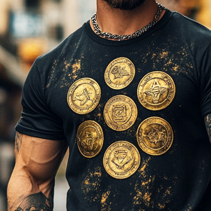 Men's Vintage Inspired T-Shirt | Ancient Coin Print | Round Neck | Short Sleeve | Soft Cotton Blend | Comfortable Fit | Casual Wear | Retro Aesthetic | Multiple Sizes