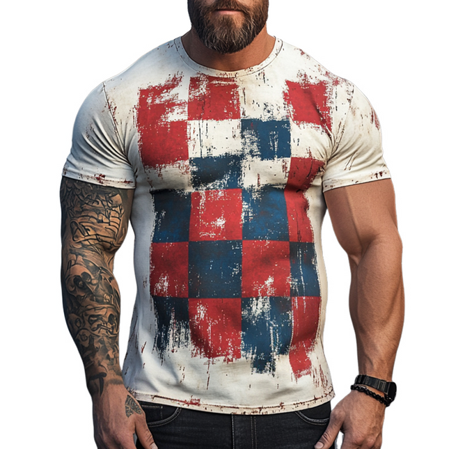 Men's Checkerboard Print T-Shirt | Retro Casual Style | Short Sleeve Round Neck | Distressed Vintage Look | Comfortable Polyester | Sizes S-3XL | Perfect for Casual Outings | Trendy Worn-In Design