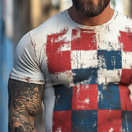 Men's Checkerboard Print T-Shirt | Retro Casual Style | Short Sleeve Round Neck | Distressed Vintage Look | Comfortable Polyester | Sizes S-3XL | Perfect for Casual Outings | Trendy Worn-In Design