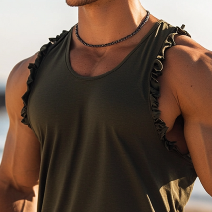 Men's Sleeveless Tank Top | Retro Casual Style | Ruffled Round Neck Design | 100% Cotton | Soft & Breathable for Summer | Comfortable Fit | Versatile Layering | Available in Sizes S to 3XL