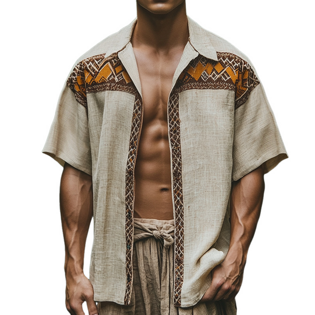 Men's Short Sleeve Shirt | Retro Ethnic Geometric Print | Linen Lapel | Casual Summer Top | Breathable Fabric