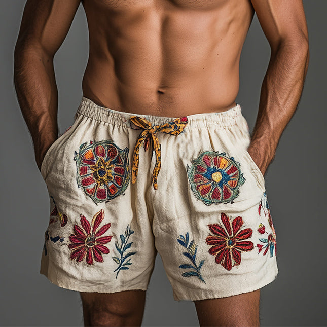Men's Retro Embroidered Elastic Waist Shorts | Cotton Linen Blend | Summer Casual Shorts | Lace-up Closure | Breathable and Lightweight | Relaxed Fit | Multiple Sizes | Timeless Style