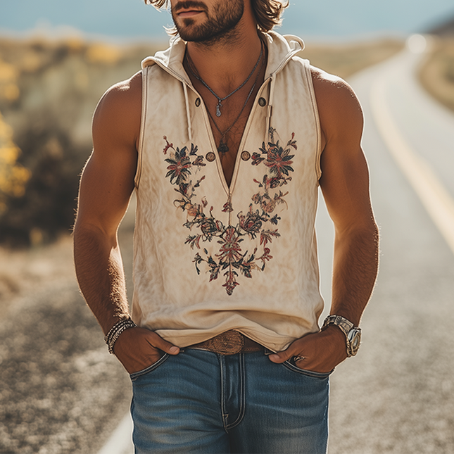 Men's Hooded Suede Tank Top | Retro Western Style | Deep V-Neck | Embroidered Design | Casual Summer Fashion | Luxurious Soft Fabric | Comfortable Relaxed Fit | Versatile Sleeveless Top