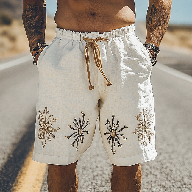 Men's Ramie Embroidery Shorts | Western Style | Summer Casual Fashion | Elastic Waist | Breathable Fabric | Versatile Everyday Wear | Soft Comfort | With Pockets