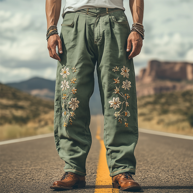 Men's Western Style Embroidered Pants | Spring Summer Cotton Linen Blend | Casual Relaxed Fit | Breathable Lightweight | Fashion Forward Comfort | Versatile Outfits