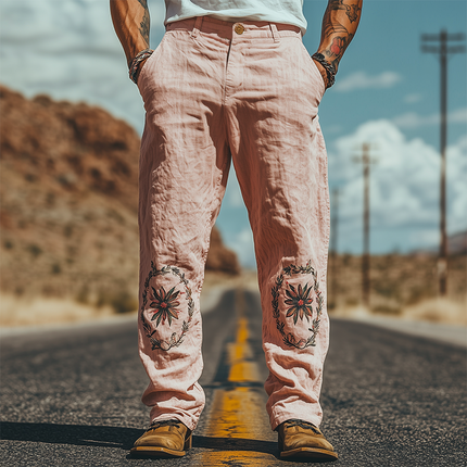 Men's Summer Pants | Casual Western Style | Cotton Linen Blend | Embroidered Details | Relaxed Fit | Breathable | Lightweight | Comfortable | Versatile Pairing | Easy Care | Ideal for Warm Weather