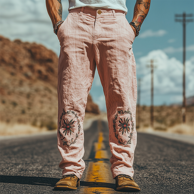 Men's Summer Pants | Casual Western Style | Cotton Linen Blend | Embroidered Details | Relaxed Fit | Breathable | Lightweight | Comfortable | Versatile Pairing | Easy Care | Ideal for Warm Weather