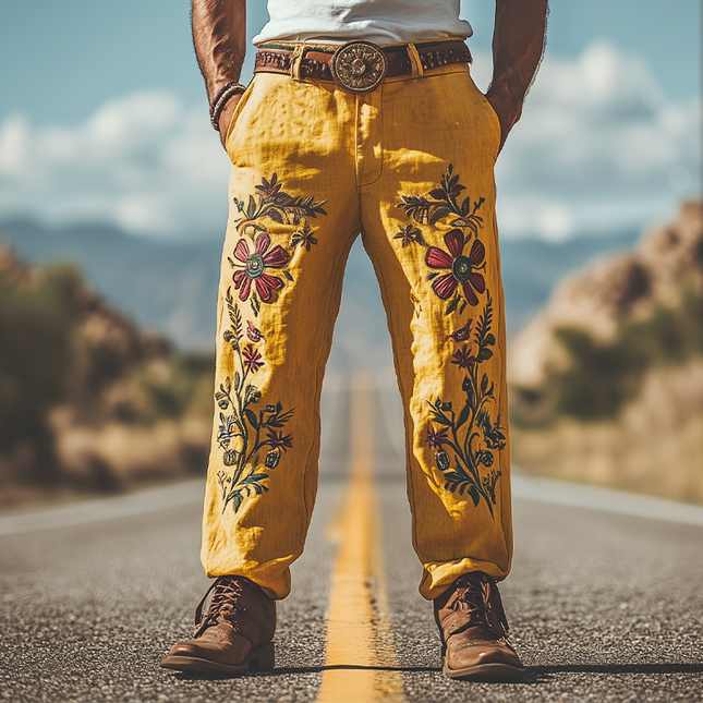 Men's Summer Pants | Casual Western Style | Cotton Linen Blend | Embroidered Details | Breathable & Comfortable | Relaxed Fit | Versatile Style | No Belt | Lightweight & Stylish | Perfect for Warm Weather