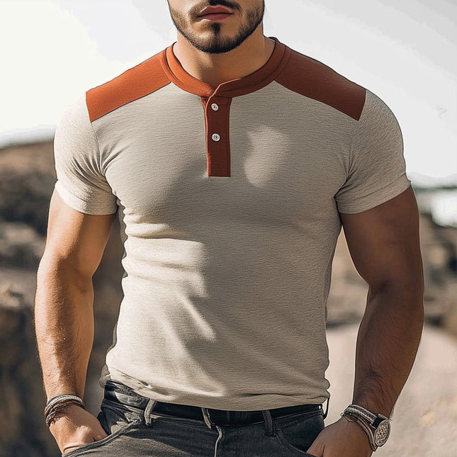 Men's Colorblock Henley Collar Slim Fit T-Shirt | Summer Business Casual | Short Sleeve | Breathable Cotton-Blend | Easy Care | Versatile Office & Casual Wear | Modern Stylish Design