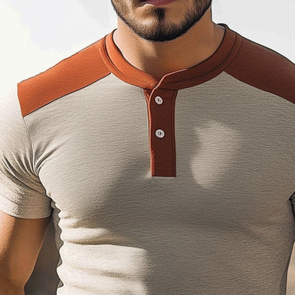 Men's Colorblock Henley Collar Slim Fit T-Shirt | Summer Business Casual | Short Sleeve | Breathable Cotton-Blend | Easy Care | Versatile Office & Casual Wear | Modern Stylish Design