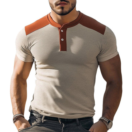 Men's Colorblock Henley Collar Slim Fit T-Shirt | Summer Business Casual | Short Sleeve | Breathable Cotton-Blend | Easy Care | Versatile Office & Casual Wear | Modern Stylish Design