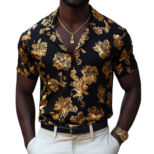 Men's Gold Print Cuban Collar Shirt | Retro Short Sleeve | Slim Fit | Casual Partywear | Lightweight Summer Fashion | Vintage Style | Available in Multiple Sizes