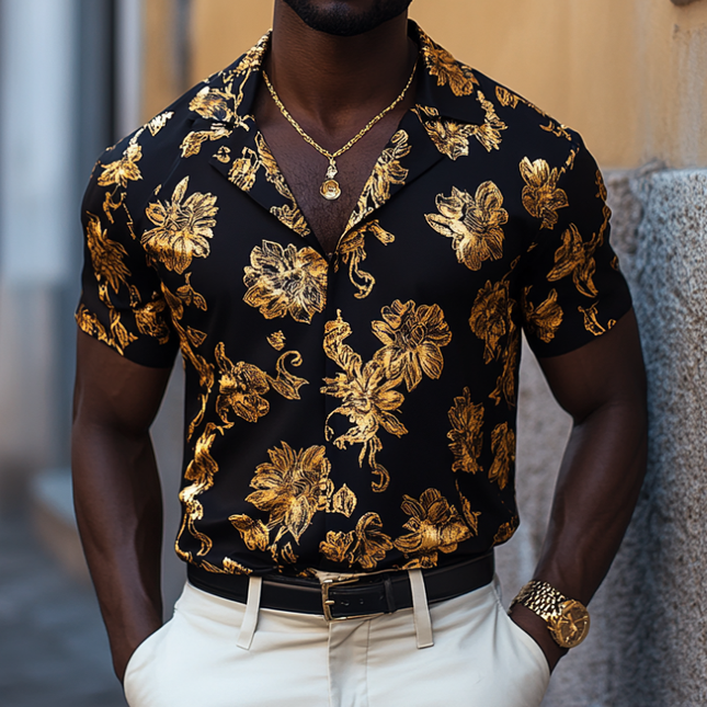 Men's Gold Print Cuban Collar Shirt | Retro Short Sleeve | Slim Fit | Casual Partywear | Lightweight Summer Fashion | Vintage Style | Available in Multiple Sizes