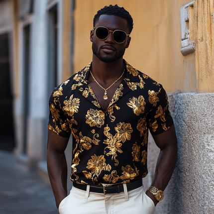 Men's Gold Print Cuban Collar Shirt | Retro Short Sleeve | Slim Fit | Casual Partywear | Lightweight Summer Fashion | Vintage Style | Available in Multiple Sizes
