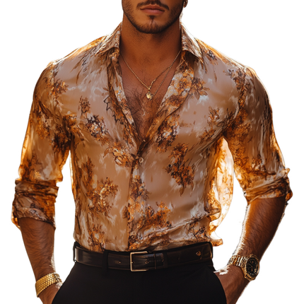 Men's Vintage Floral Chiffon Shirt | Floral Print | Slim Fit | Long Sleeve | Lapel Collar | Lightweight | Durable | Versatile Casual & Formal Wear | Comfortable Tailored Shirt