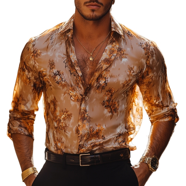 Men's Vintage Floral Chiffon Shirt | Floral Print | Slim Fit | Long Sleeve | Lapel Collar | Lightweight | Durable | Versatile Casual & Formal Wear | Comfortable Tailored Shirt