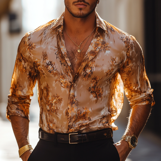 Men's Vintage Floral Chiffon Shirt | Floral Print | Slim Fit | Long Sleeve | Lapel Collar | Lightweight | Durable | Versatile Casual & Formal Wear | Comfortable Tailored Shirt