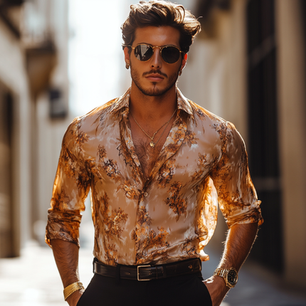 Men's Vintage Floral Chiffon Shirt | Floral Print | Slim Fit | Long Sleeve | Lapel Collar | Lightweight | Durable | Versatile Casual & Formal Wear | Comfortable Tailored Shirt