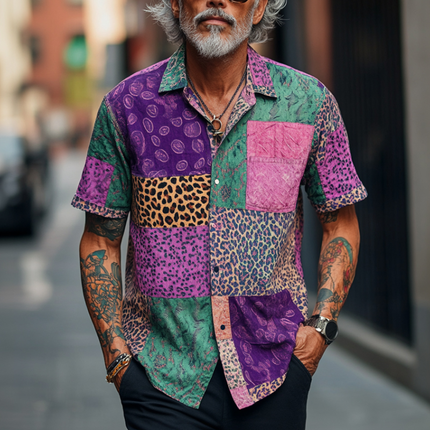 Men's Retro Graphic Print Shirt | Contrast Design | Lapel Collar | Loose Fit | Short Sleeve | Comfortable Casual Top | Vintage Style | Summer Fashion | Versatile Wear | Breathable Fabric | MTA1586D5M