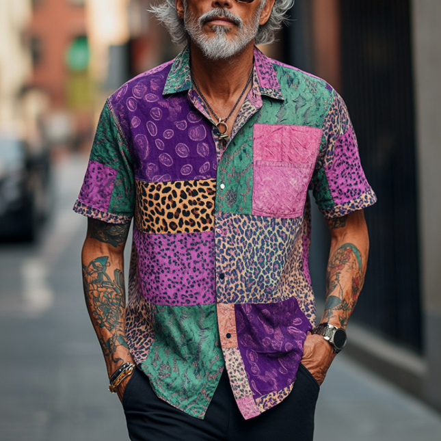 Men's Retro Graphic Print Shirt | Contrast Design | Lapel Collar | Loose Fit | Short Sleeve | Comfortable Casual Top | Vintage Style | Summer Fashion | Versatile Wear | Breathable Fabric | MTA1586D5M