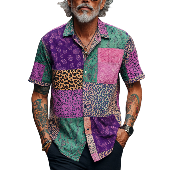 Men's Retro Graphic Print Shirt | Contrast Design | Lapel Collar | Loose Fit | Short Sleeve | Comfortable Casual Top | Vintage Style | Summer Fashion | Versatile Wear | Breathable Fabric | MTA1586D5M