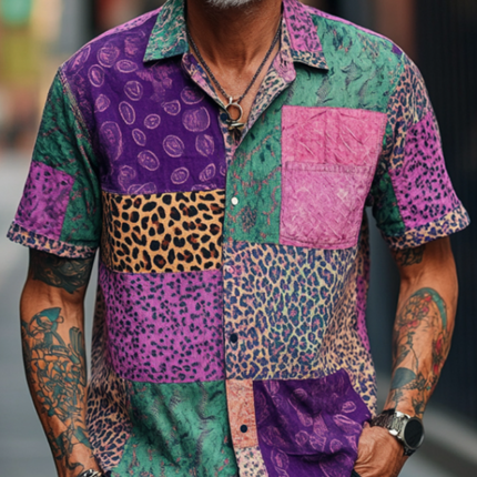 Men's Retro Graphic Print Shirt | Contrast Design | Lapel Collar | Loose Fit | Short Sleeve | Comfortable Casual Top | Vintage Style | Summer Fashion | Versatile Wear | Breathable Fabric | MTA1586D5M