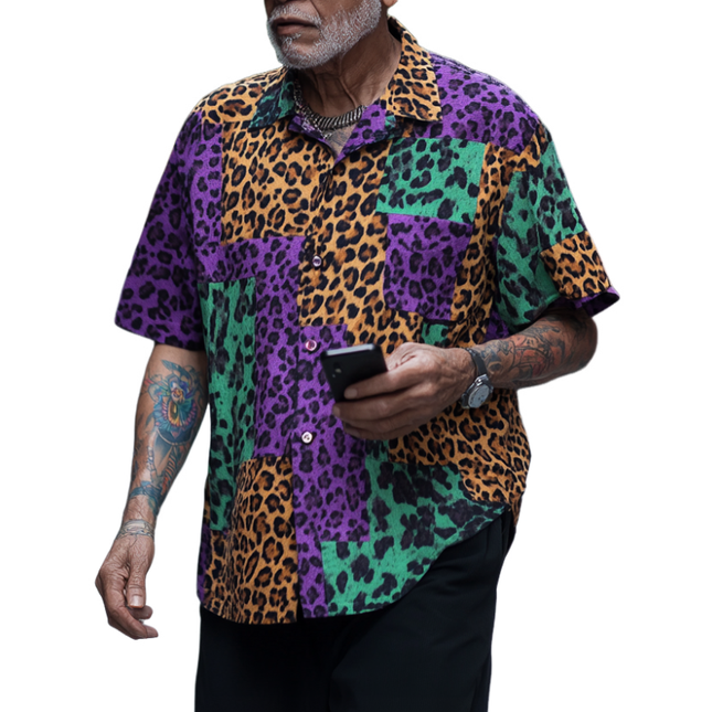 Men's Retro Leopard Print Shirt | Contrast Design | Short Sleeve | Loose Fit | Classic Lapel Collar | Casual & Stylish | Comfortable & Breathable | Perfect for Summer | Available in Multiple Sizes