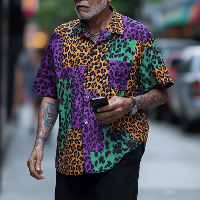 Men's Retro Leopard Print Shirt | Contrast Design | Short Sleeve | Loose Fit | Classic Lapel Collar | Casual & Stylish | Comfortable & Breathable | Perfect for Summer | Available in Multiple Sizes
