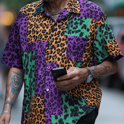 Men's Retro Leopard Print Shirt | Contrast Design | Short Sleeve | Loose Fit | Classic Lapel Collar | Casual & Stylish | Comfortable & Breathable | Perfect for Summer | Available in Multiple Sizes