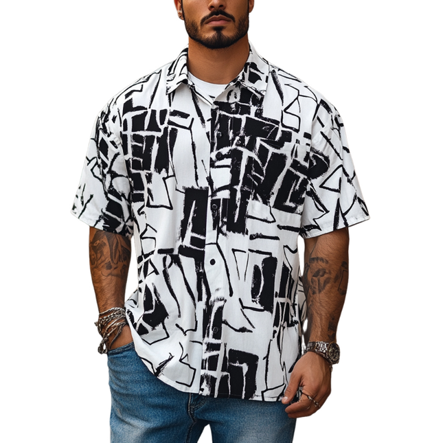 Men's Geometric Print Short Sleeve Shirt | Loose Fit Lapel Collar | Stylish Summer Casual Apparel | Trendy Breathable Top
