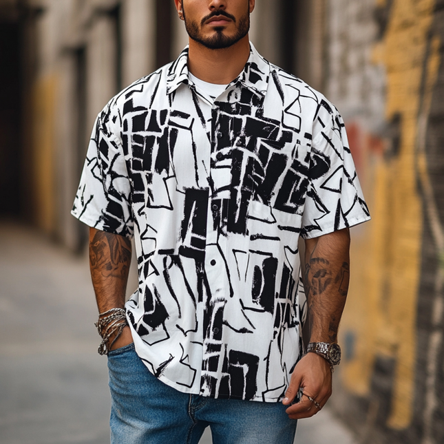 Men's Geometric Print Short Sleeve Shirt | Loose Fit Lapel Collar | Stylish Summer Casual Apparel | Trendy Breathable Top